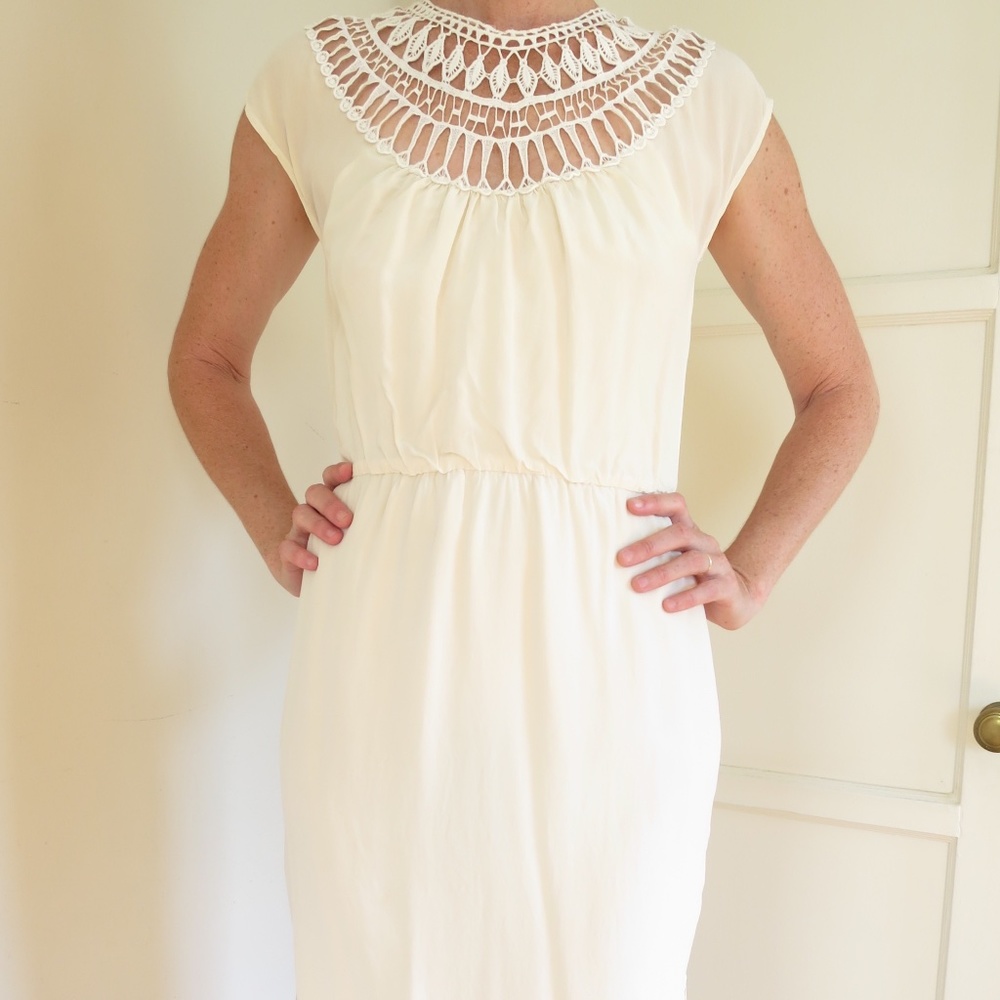 Ivory Silk Dress with Crochet Neckline Size Small